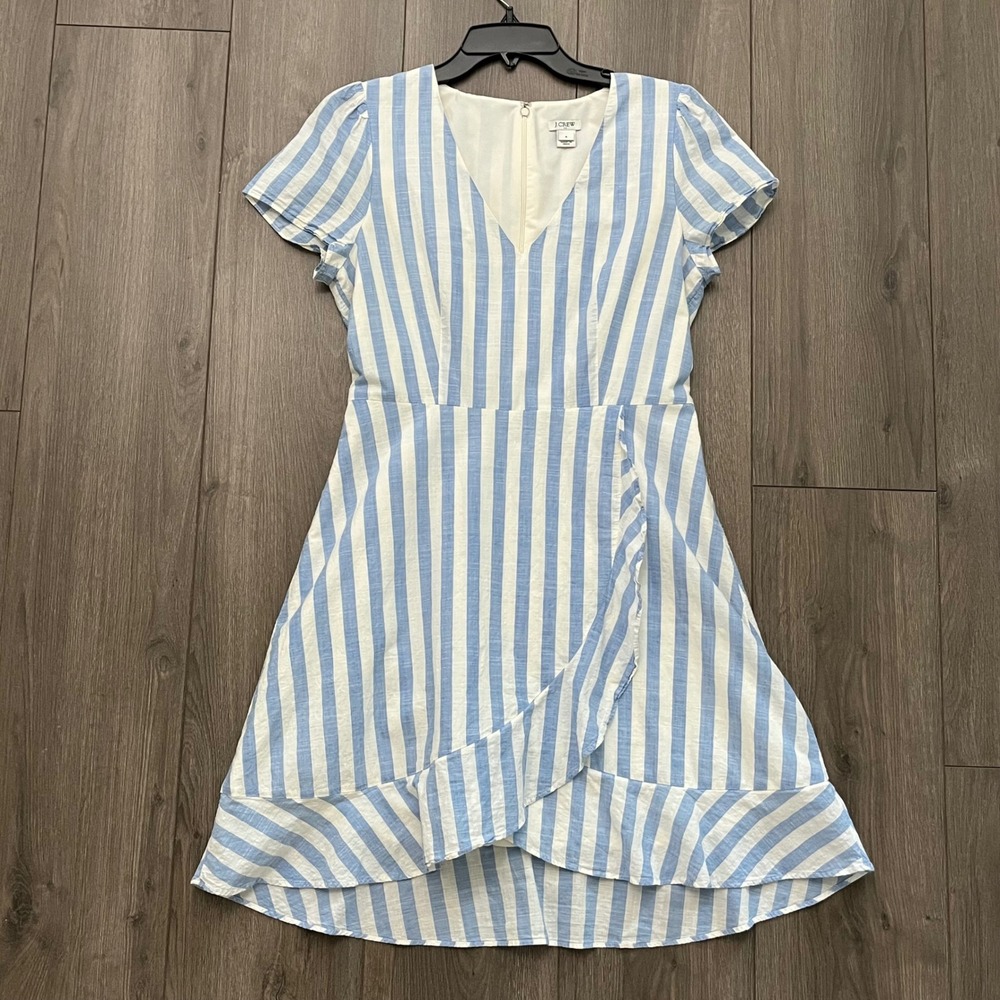 J.Crew Blue White Striped Ruffle Faux Wrap Dress V-Neck Short Sleeve Size 6